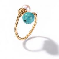Pearl Brass Finger Ring, with Natural Turquoise & Freshwater Pearl, gold color plated, for woman, white, 10mm 
