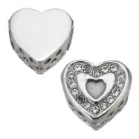 Stainless Steel European Beads, 316L Stainless Steel, with Rhinestone, Heart, plated, DIY & with rhinestone, silver color, 11.5*11*7mm Approx 4.5mm 