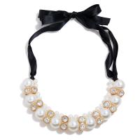 Plastic Pearl Necklace, with Silk, for woman & with rhinestone, white, 23mm .5 Inch 