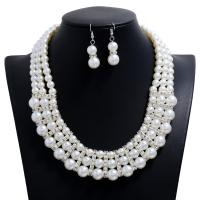 Fashion Zinc Alloy Jewelry Sets, earring & necklace, with Plastic Pearl, silver color plated, 2 pieces & for woman & with rhinestone, white .5 Inch 