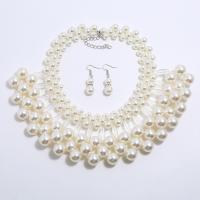 Plastic Pearl Jewelry Set, earring & necklace, with Zinc Alloy, silver color plated, 2 pieces & for woman, white .74 Inch 