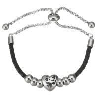 Stainless Steel Chain Bracelets, 316 Stainless Steel, with PU Leather, Heart, adjustable & for woman 6mm,3mm Approx 9 Inch 