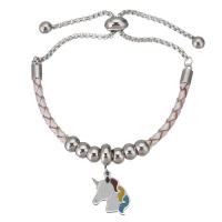 Stainless Steel Charm Bracelet, 316 Stainless Steel, with PU Leather, Unicorn, adjustable & for woman & enamel 6mm,3mm Approx 9 Inch 