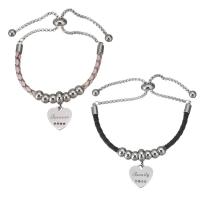 Stainless Steel Charm Bracelet, 316 Stainless Steel, with PU Leather, Heart, adjustable & with letter pattern & for woman & with rhinestone 6mm,3mm Approx 9 Inch 
