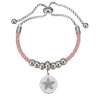 Stainless Steel Charm Bracelet, 316 Stainless Steel, with PU Leather, Flat Round, adjustable & box chain & for woman & with rhinestone 6mm,3mm Approx 9 Inch 