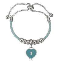 Stainless Steel Charm Bracelet, 316 Stainless Steel, with PU Leather, Heart, adjustable & box chain & for woman & enamel 6mm,3mm Approx 9 Inch 