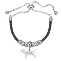 Stainless Steel Charm Bracelet, 316 Stainless Steel, with PU Leather, Dog, adjustable & box chain & for woman & with rhinestone 6mm,3mm Approx 9 Inch 