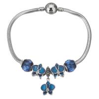 Stainless Steel Charm Bracelet, 316 Stainless Steel, silver color plated, snake chain & for woman & enamel & with rhinestone & blacken, blue  3mm Approx 7 Inch 