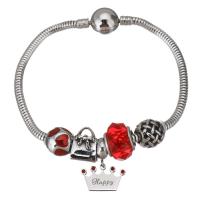 Stainless Steel Charm Bracelet, 316 Stainless Steel, silver color plated, snake chain & with letter pattern & for woman & enamel & with rhinestone & blacken, red  3mm Approx 7 Inch 