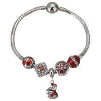 Stainless Steel Charm Bracelet, 316 Stainless Steel, silver color plated, snake chain & for woman & epoxy gel & with rhinestone & blacken, red  3mm Approx 7 Inch 