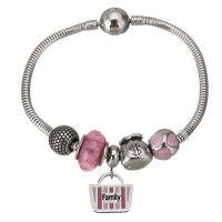 Stainless Steel Charm Bracelet, 316 Stainless Steel, silver color plated, snake chain & with letter pattern & for woman & with rhinestone & blacken, pink  3mm Approx 7 Inch 