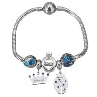 Stainless Steel  European Bracelets, 316 Stainless Steel, silver color plated, snake chain & for woman & epoxy gel & with rhinestone, blue  3mm Approx 7 Inch 