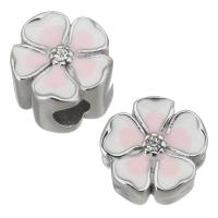 Stainless Steel European Beads, 316 Stainless Steel, Flower, silver color plated, enamel & with rhinestone, pink Approx 4.5mm 