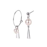 Asymmetric Earrings, Brass, with Plastic Pearl, platinum color plated, for woman, 39mm,32mm 
