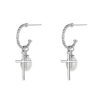 Brass Drop Earring, with Plastic Pearl, plated, for woman 25mm 