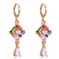 Huggie Hoop Drop Earring, Brass, with Cubic Zirconia, gold color plated, for woman, multi-colored, 40mm 