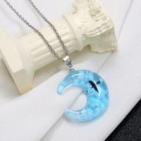 Resin Zinc Alloy Necklace, with Resin, Moon, plated, fashion jewelry & for woman, skyblue .6 Inch 