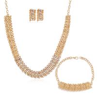 Cubic Zirconia Zinc Alloy Jewelry Sets, Stud Earring & bracelet & necklace, with Cubic Zirconia, three pieces & fashion jewelry, golden 
