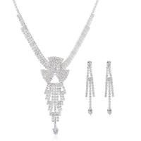 Rhinestone Zinc Alloy Jewelry Set, earring & necklace, with Rhinestone, 2 pieces & fashion jewelry, silver color 