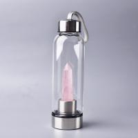 Botella de Agua, Vidrio, con cuarzo rosado & acero inoxidable 304, 70x240mm, Vendido por UD