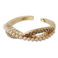 Zinklegierung Manschette Fingerring, mit Kunststoff Perlen, goldfarben plattiert, für Frau, weiß, 21x4mm, Innendurchmesser:ca. 21mm, verkauft von PC