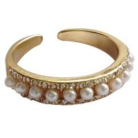 Zinc Alloy Cuff Finger Ring, with Plastic Pearl, gold color plated, for woman, white 