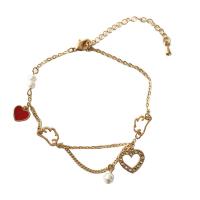 Zinc Alloy Rhinestone Bracelets, with Plastic Pearl, gold color plated, for woman & enamel & with rhinestone, red .69 Inch 