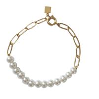 Pulseras de perlas plásticas, aleación de zinc, con Perlas plásticas, chapado en color dorado, para mujer, Blanco, longitud:7.48 Inch, Vendido por Sarta