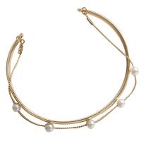 Bracelet manchette de zinc en alliage, alliage de zinc, avec perle de plastique, Placage de couleur d'or, pour femme, blanc Vendu par PC