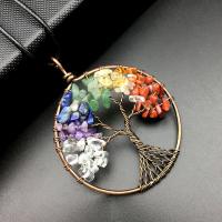 Tree Of Life Pendants, Natural Stone, with Brass, antique brass color plated, DIY, multi-colored 