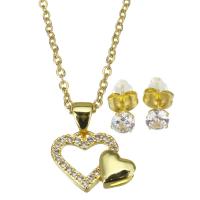 Cubic Zirconia Micro Pave Brass Jewelry Sets, Stud Earring & necklace, with stainless steel chain, stainless steel post pin, with 1.5 inch extender chain, Heart, gold color plated, 2 pieces & micro pave cubic zirconia & for woman 1.5mm,5mm Approx 17 Inch 