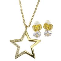 Cubic Zirconia Micro Pave Brass Jewelry Sets, Stud Earring & necklace, with stainless steel chain, stainless steel post pin, with 1.5 inch extender chain, Star, gold color plated, 2 pieces & micro pave cubic zirconia & for woman 1.5mm,5mm Approx 17 Inch 