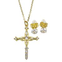 Cubic Zirconia Micro Pave Brass Jewelry Sets, Stud Earring & necklace, with stainless steel chain, stainless steel post pin, with 1.5 inch extender chain, Cross, gold color plated, 2 pieces & micro pave cubic zirconia & for woman 1.5mm,5mm Approx 17 Inch 