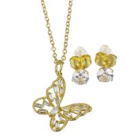 Cubic Zirconia Micro Pave Brass Jewelry Sets, Stud Earring & necklace, with stainless steel chain, stainless steel post pin, with 1.5 inch extender chain, Butterfly, gold color plated, 2 pieces & micro pave cubic zirconia & for woman 1.5mm,5mm Approx 17 Inch 