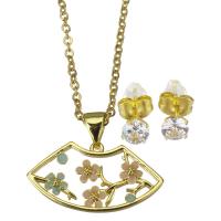 Cubic Zirconia Micro Pave Brass Jewelry Sets, Stud Earring & necklace, with stainless steel chain, stainless steel post pin, with 1.5 inch extender chain, gold color plated, 2 pieces & micro pave cubic zirconia & for woman & enamel 1.5mm,5mm Approx 17 Inch 