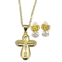 Cubic Zirconia Micro Pave Brass Jewelry Sets, Stud Earring & necklace, with stainless steel chain, stainless steel post pin, with 1.5 inch extender chain, gold color plated, 2 pieces & micro pave cubic zirconia & for woman 1.5mm,5mm Approx 17 Inch 