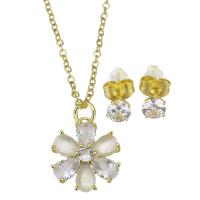 Cubic Zirconia Micro Pave Brass Jewelry Sets, Stud Earring & necklace, with stainless steel chain, stainless steel post pin, with 1.5 inch extender chain, Flower, gold color plated, 2 pieces & micro pave cubic zirconia & for woman 1.5mm,5mm Approx 17 Inch 