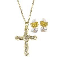 Cubic Zirconia Micro Pave Brass Jewelry Sets, Stud Earring & necklace, with stainless steel chain, stainless steel post pin, with 1.5 inch extender chain, Cross, gold color plated, 2 pieces & micro pave cubic zirconia & for woman 1.5mm,5mm Approx 17 Inch 