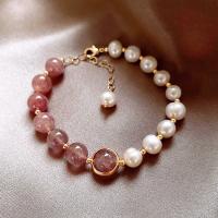 Quartz Bracelets, Brass, with Freshwater Pearl & Strawberry Quartz, Adjustable & fashion jewelry 17+5cm 
