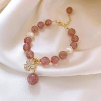 Quartz Bracelets, Brass, with Cubic Zirconia & Strawberry Quartz, fashion jewelry, pink, 5.5+16.5CM 