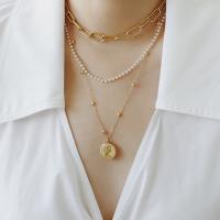 Fashion Multi Layer Necklace, Titanium Steel, with Plastic Pearl, fashion jewelry & multilayer, golden, 1.7cm  3mmuff0c34+42+50+6cm 