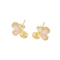 Brass Earring Stud Component, with Gemstone, Butterfly, gold color plated, micro pave cubic zirconia 
