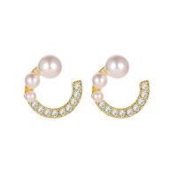 Zinc Alloy Rhinestone Stud Earring, with Plastic Pearl, gold color plated, for woman & with rhinestone, white, 15mm 
