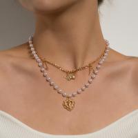 Mode-Multi-Layer-Halskette, Zinklegierung, mit Kunststoff Perlen, plattiert, Modeschmuck, keine, verkauft von Strang
