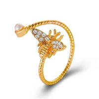 Brass Cuff Finger Ring, with Plastic Pearl, gold color plated, micro pave cubic zirconia & for woman, white, 20mm 
