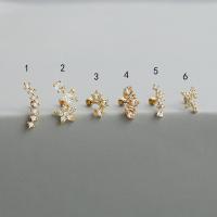 Brass Piercing Earring, with 316L Stainless Steel, plated & micro pave cubic zirconia 6mm,0.8mm 