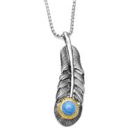 Titanium Steel Pendants, with turquoise, Feather, plated, 60mm 