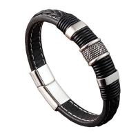PU Leather Cord Bracelets, Titanium Steel, with PU Leather, polished, fashion jewelry, black Approx 21 cm 