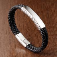 PU Leather Cord Bracelets, Titanium Steel, with PU Leather, polished, fashion jewelry, black 