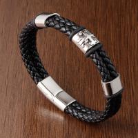 PU Leather Cord Bracelets, Titanium Steel, with PU Leather, polished, fashion jewelry, black Approx 21 cm 